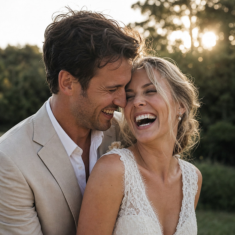 A couple laughing together, printed on a custom photo magnet
