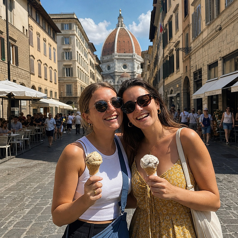 Two friends on a European street, printed on a custom photo magnet