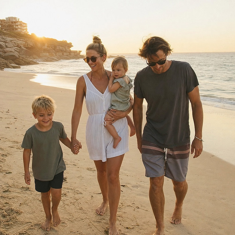 A family walking on the beach, printed on a custom photo magnet