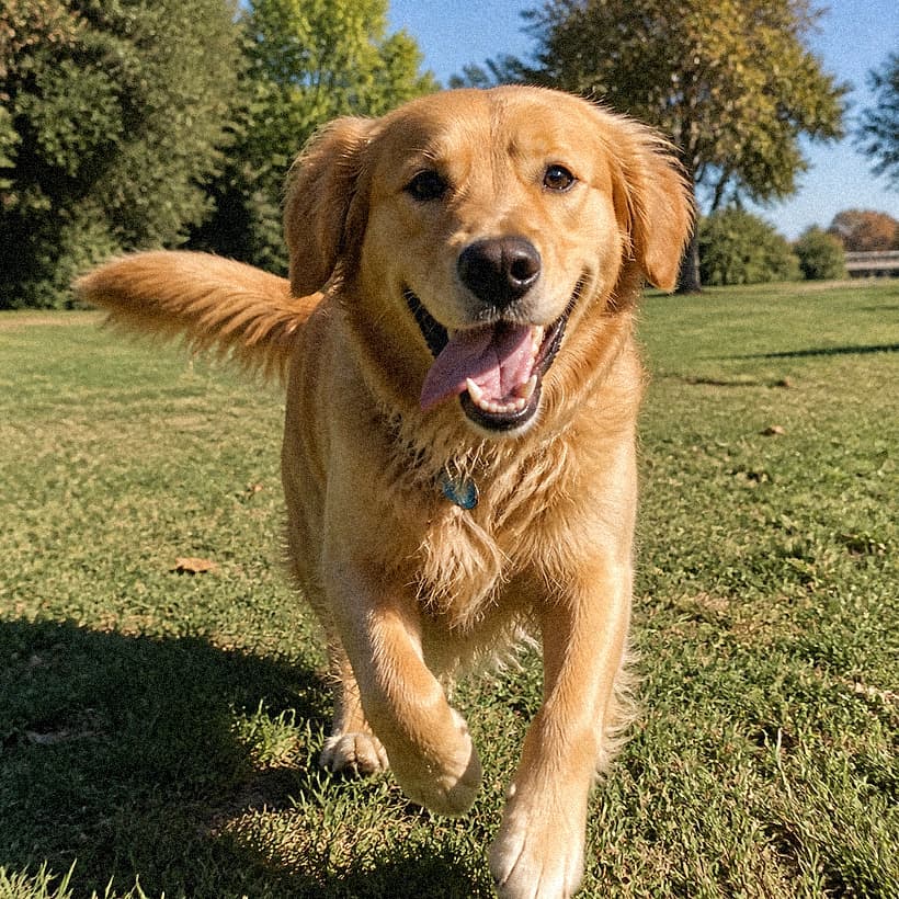 A golden retriever running on the grass, printed on a custom photo magnet