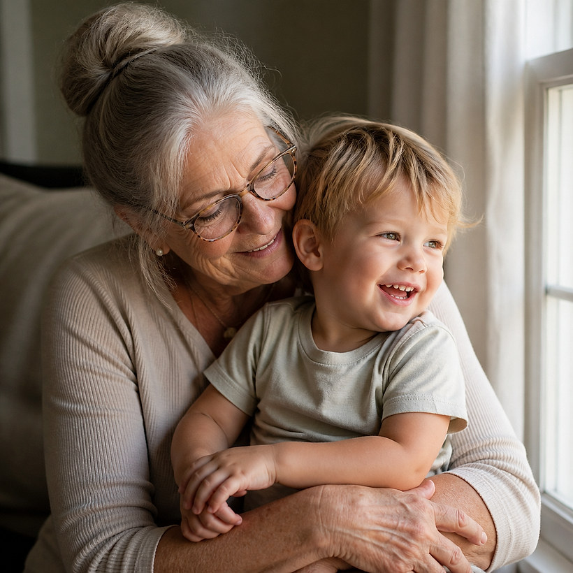A grandparent holding their grandchild, printed on a custom photo magnet
