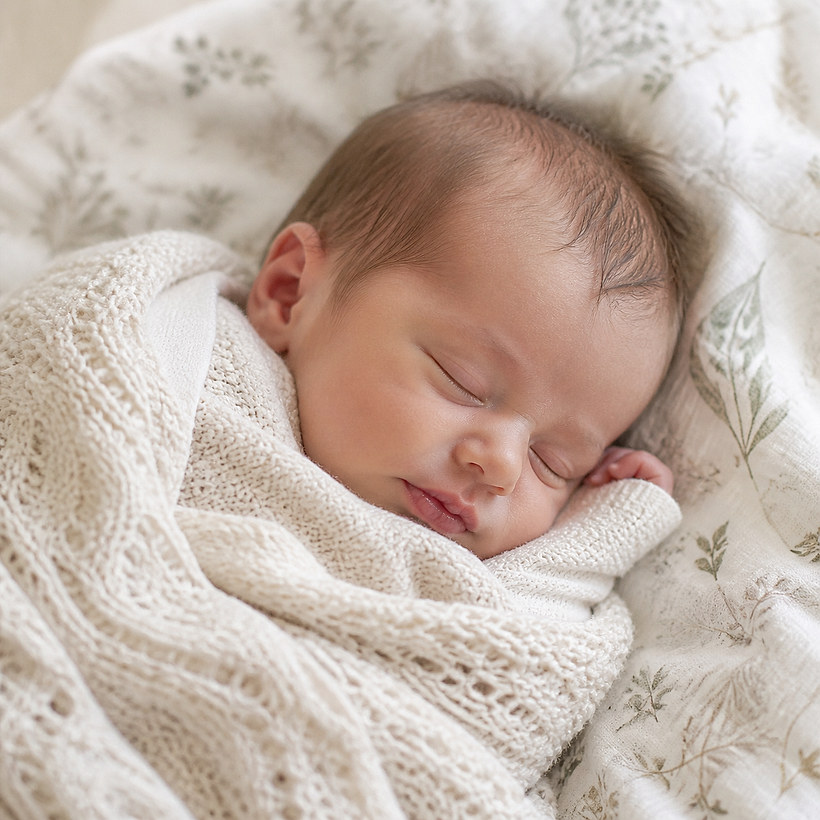 A sleeping newborn wrapped in a knit blanket, printed on a custom photo magnet