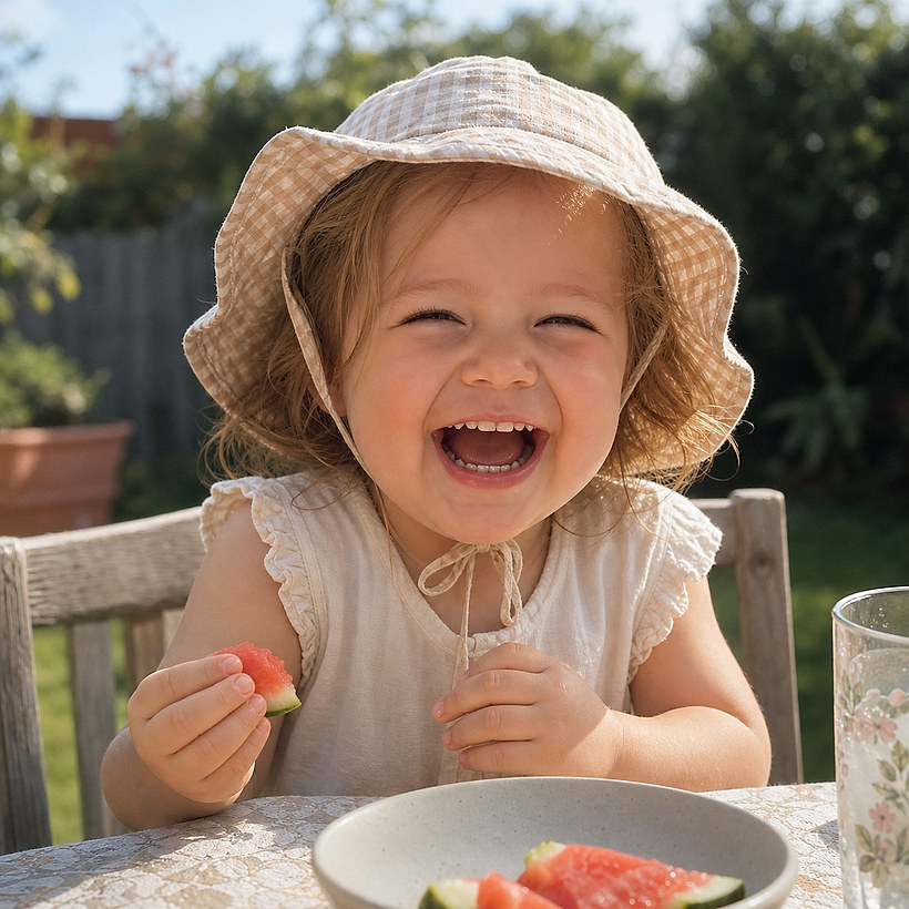 A toddler in a sunhat, printed on a custom photo magnet